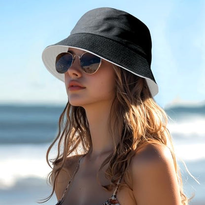 Bucket Hat for Men Women Cotton Sun Hats Unisex Packable Bucket Hats Summer Travel Beach Cap - color: Black/Beige(reversible), size: Small-Medium