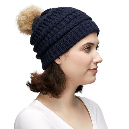 C.C Fur Pom Winter Fall Trendy Chunky Stretchy Cable Knit Beanie Hat - color: Solid Navy