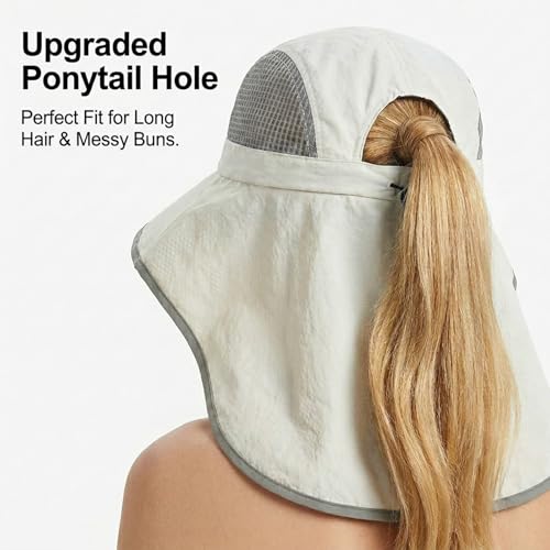 UV Sun Protection Hat Women Foldable Neck Flap Wide Brim Fishing Hat with Ponytail Hole for Women - color: Rock Gray2