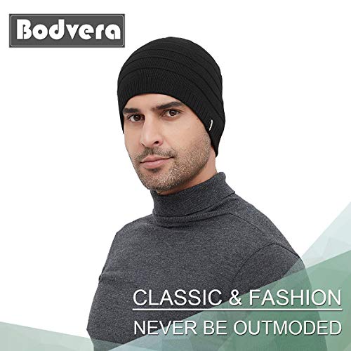 Mens Winter Beanie Hat Warm Knit Cuffed Plain Toboggan Ski Skull Cap (3 Patterns) - color: C1-black