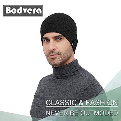 Mens Winter Beanie Hat Warm Knit Cuffed Plain Toboggan Ski Skull Cap (3 Patterns) - color: C1-black