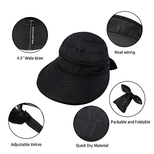 Womens Large Brim Sun Hat Uv Protection 2 in 1 Zip-Off Sun Protection Visor Beach Hat Packbale Foldable - color: Black
