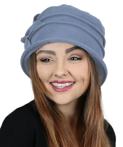 Fleece Flower Cloche Hat for Women Chemo Cancer Ladies Headwear 50+ UPF - color: Blue Grey
