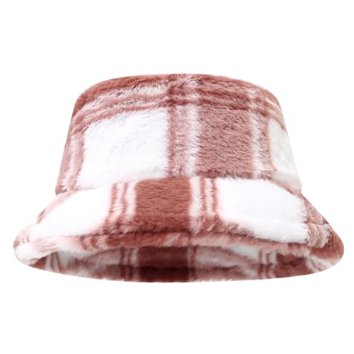 Quanhaigou Winter Faux Fur Bucket Hat,Fuzzy Warm Hat for Women Men, Fluffy Fisherman Cap - color: Plaid Brown
