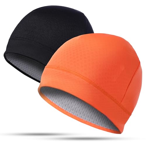 2 Pack Thermal Skull Caps for Men Women Wind-Resistant Fleece Beanie Hats Cold Weather Helmet Liners for Cycling - color: Black+orange