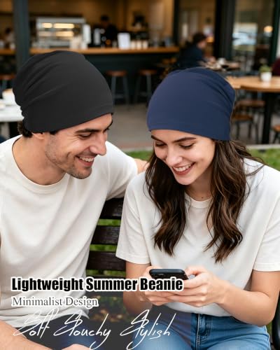 ROYBENS 100% Cotton Thin Slouchy Beanie Hat Women Men Lightweight Chemo Cap - color: 1pcs-navy Blue