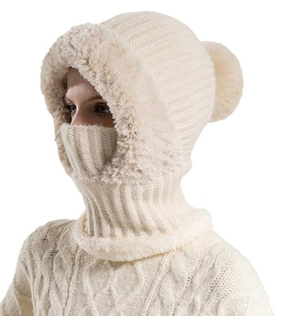 Womens Knit Beanie Hat Fleece Lined Winter Scarf Mask Set Snow Caps Plush Earmuff Skull Hats with Pompom - color: Beige