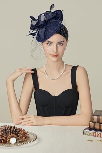 BABEYOND Fascinators Hats for Women Pillbox Kentucky Hat with Feather Veil - color: Navy Blue