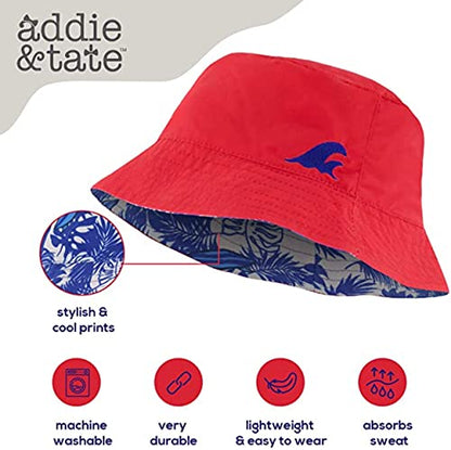 Kids Bucket Hat for Girls & Boys, Packable Fun & Cool Reversible Beach Sun Teen Toddler Bucket Hat with Sunglasses - color: Red/Tropical Surf, size: 3-7 Years