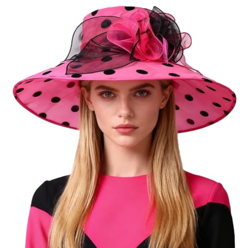 Organza Kentucky Dots Fascinator Hat for Women Ladies Wide Brim Big Sun Hats Wedding Church Hat Derby Cap - color: Rose and Black
