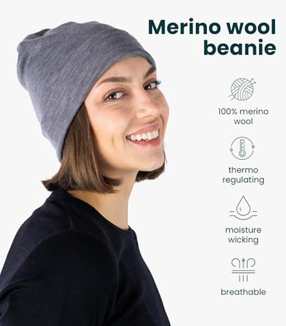 100% Merino Wool Beanie for Women, Men - Set Adult Skull Cap 17.5um & Socks - color: Grey Melange, size: Large-X-Large