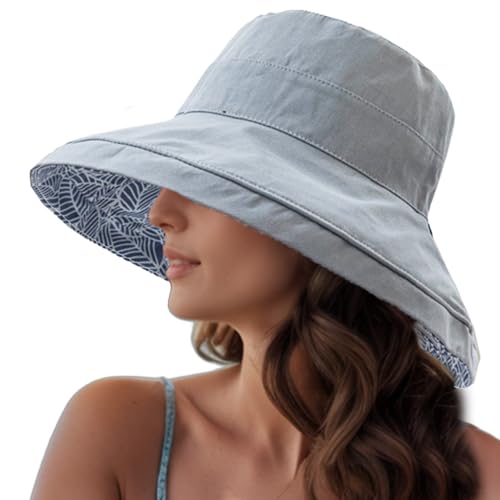Wide Brim Sun Hats for Women UV Protection Reversible Bucket Hat Foldable Beach Hats Summer Hat for Garden Travel - color: Blue-leaf