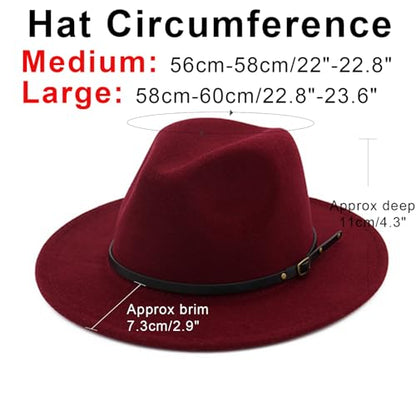 DRESHOW Women Classic Felt Fedora Wide Brim Floppy with Belt Buckle Panama Hat - color: 1 Pack: Felt Fedora Wine Red
