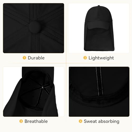 American Trends Mens Sun Hat with Neck Flap, UV Protection Outdoor Flap Hat, Packable Soft Fishing Hiking Gardening Hat - color: Black