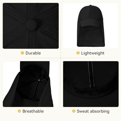 American Trends Mens Sun Hat with Neck Flap, UV Protection Outdoor Flap Hat, Packable Soft Fishing Hiking Gardening Hat - color: Black