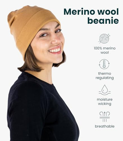 100% Merino Wool Beanie for Women, Men - Set Adult Skull Cap 17.5um & Socks - color: Camel, size: Large-X-Large
