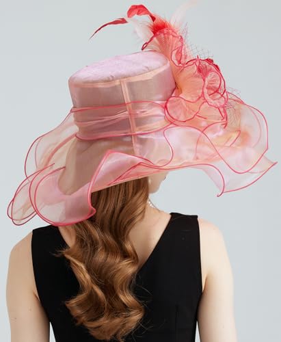 Women's Organza Church Kentucky Hat Fascinato Wedding Cocktail Tea Party Derby Hats Sun Hat - color: 04-pink Orange