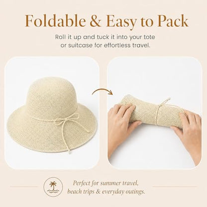 Beach Sun Hats for Women Foldable Straw Bucket Summer Hat Packable Travel - color: Beige