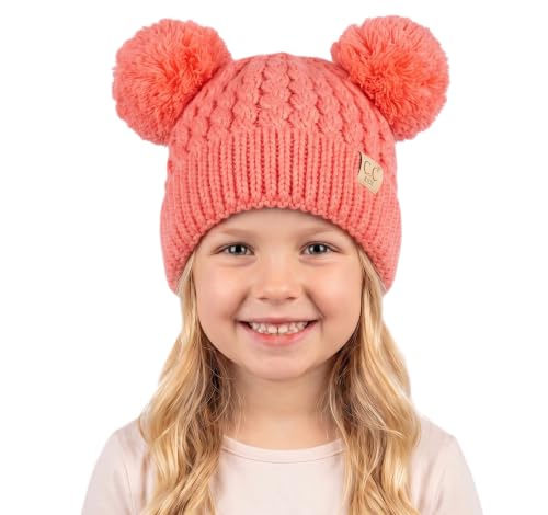 C.C Kids' Cable Knit Double Pom Beanie for Kids - Comfortable Soft Warm Children Skully Hat with Pom - color: Yarn Pom Coral
