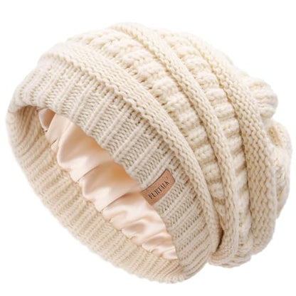 FURTALK Winter Beanie Hat for Women Satin Lined Cable Knit Chunky Slouchy Beanies Skull Warm Cap - color: Beige