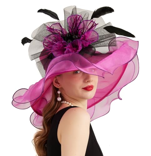 Women Derby Church Hat Organza Flower Wedding Tea Party Fascinator Wide Brim Sun Hat - color: 10-fuchsia