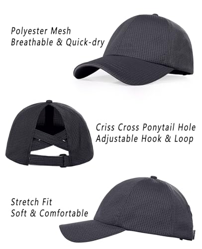 ZTL Womens High Ponytail Baseball Cap Performance Mesh Hat, Lightweight Quick Dry Race Day Running Hat with Reflective Trim - color: Grey