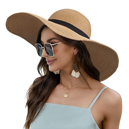 Women Wide Brim Sun Hat UPF50 Straw Summer Hat Floppy Beach Hat Roll-Up - color: Tie Brown