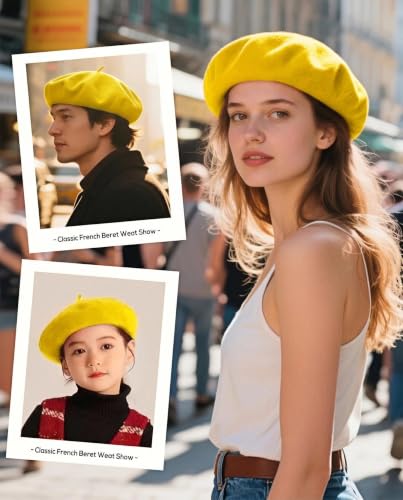 Wool French Beret Hats for Women Classic Winter Beanie Cap - color: Yellow
