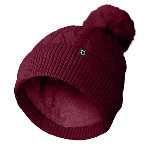 DALIX Cable Knit Pom Beanie Soft Stretch Skully Warm Fuzzy Faux Sherpa Winter Ski Beanie - color: Maroon
