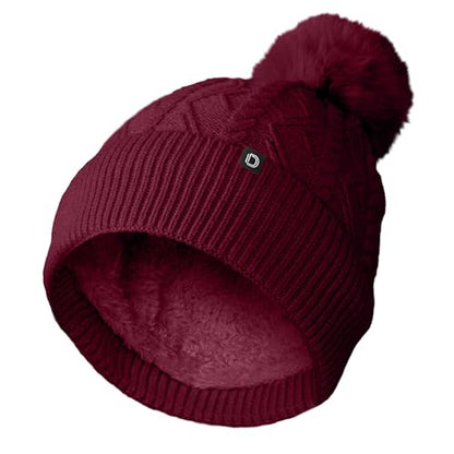 DALIX Cable Knit Pom Beanie Soft Stretch Skully Warm Fuzzy Faux Sherpa Winter Ski Beanie - color: Maroon