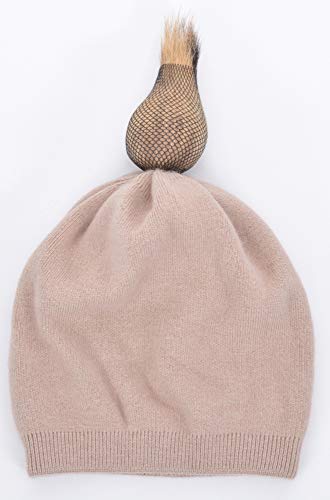 Women's Winter Double Layer Slouchy Beanie with Genuine Raccoon Fur Pom Pom - color: Dusty Pink