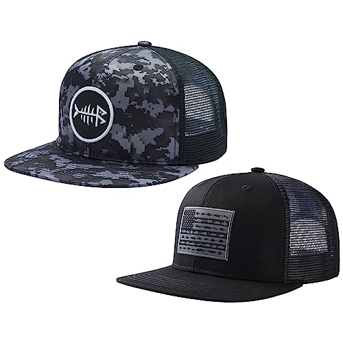 BASSDASH 2 Pack Flat Brim Trucker Cap Adjustable Snapback Hat Mesh Back for Men Women Fishing Hunting - color: Pack of 2,night Digital Camo & Black/Fish Flag