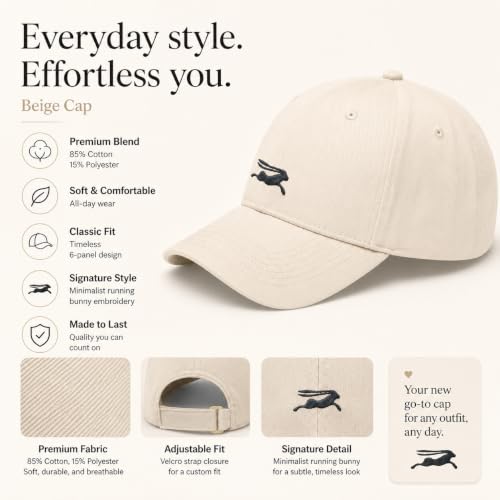 Wishper Studio Embroidered Baseball Cap for Women Men, Cotton Hat with Adjustable Velcro, Minimalist Animal Embroidery - color: Beige Rabbit