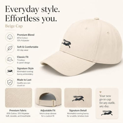 Wishper Studio Embroidered Baseball Cap for Women Men, Cotton Hat with Adjustable Velcro, Minimalist Animal Embroidery - color: Beige Rabbit