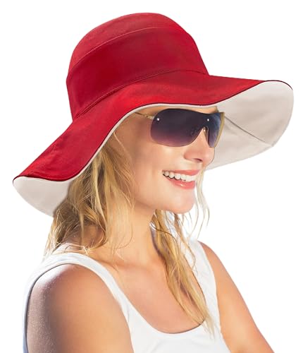 Womens Foldable Shapeable Brim Sun Hat UPF 50+ Cotton Wide Brim Beach Adjustable Chin Strap Hat Sun Protection Cap - color: Wine Red
