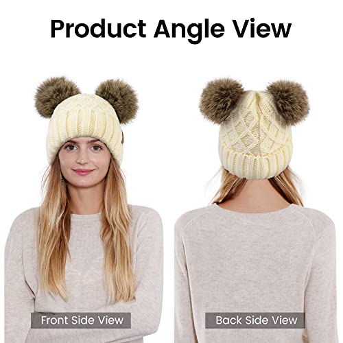 Arctic Paw Womens Winter Hat Cable Knit Beanie for Women Faux Fur Pompom Ears - color: Cream Hat Coffee Ball
