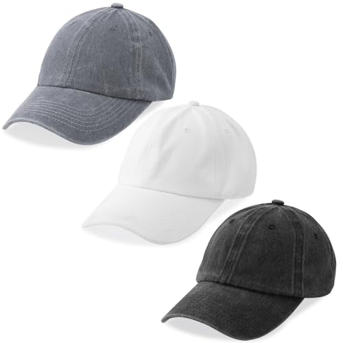 MEINICY 3 Packs Washed-Cotton Plain Baseball Cap, Adjustable Dad Hat - color: Black + White + Gray