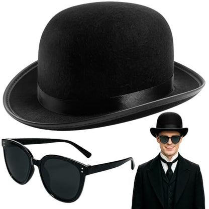 Bowler Hat Set,Black Derby Hat and Sunglasses for Men and Women