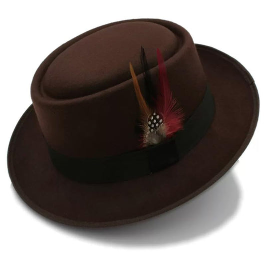 Classic Pork Pie Hat with Feathers Flat Top Fedora, Vintage Panama Hats, Warm Comfortable Jazz Cap - color: Coffee