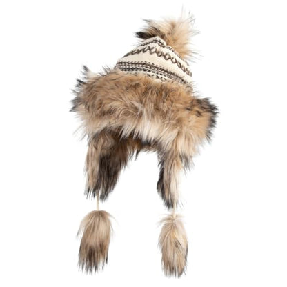 Cross Stitch Knit Fleece Lined Faux Fur Trapper Beanie Hat with String - color: Beige