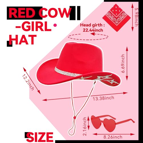 SHENYI Cowgirl Hat and Bandana and Heart Sunglasses Glitter Rhinestone Star Cowboy Hat Western Sparkly Hats for Women Men - color: Red