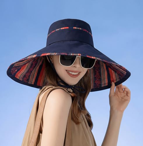 Reversible Wide Brim Sun Hat, Double-Sided Bucket Hat with Chin Strap, Packable UV Protection Beach Hat, Yellow - color: Navy Blue