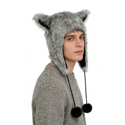 PURFUN Fuzzy Faux Fur Full Hood Trapper Hats with Animal Ear, Adults Halloween Cosplay Roleplay Cat Wolf Ear Hooded Hats - color: Grey