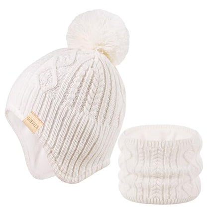 Kids Winter Beanie Hat and Scarf Set with Pom Pom for Girls, Children's Thick Ski Cap with Earflap Fleece Lined Hat 3-9 Years - color: White+scarf