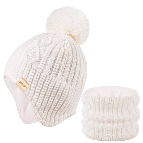 Kids Winter Beanie Hat and Scarf Set with Pom Pom for Girls, Children's Thick Ski Cap with Earflap Fleece Lined Hat 3-9 Years - color: White+scarf