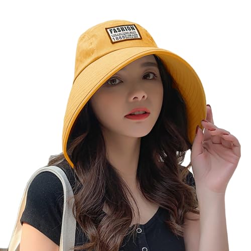 Women Floppy Sun Beach Hat Packable Wide Brim Bucket Hat UPF 50+ UV Protection Travel Beach Cap - color: Yellow