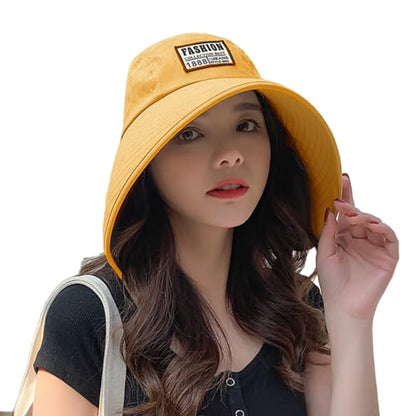 Women Floppy Sun Beach Hat Packable Wide Brim Bucket Hat UPF 50+ UV Protection Travel Beach Cap - color: Yellow