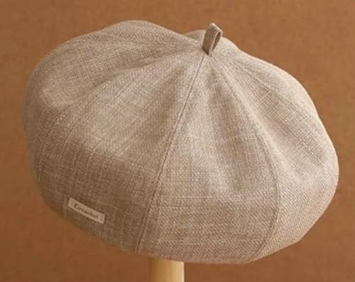 Women's Cotton Linen Beret Hat Vintage French Breathable Slouchy Beanie Cap Casual Painters Hat for Spring Summer - color: Khaki