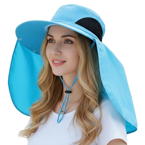 HUAMULAN Women Men Wide Brim Sun Hat Hiking Fishing Hats with Neck Flap - color: Yq005-blue