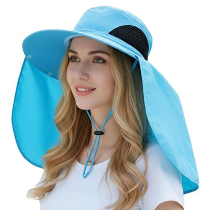 HUAMULAN Women Men Wide Brim Sun Hat Hiking Fishing Hats with Neck Flap - color: Yq005-blue